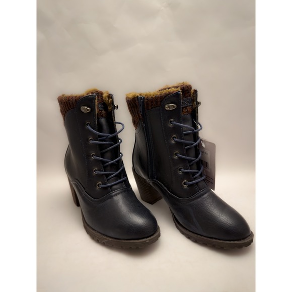 LUKEE by MUK LUKS Womens sz9 Navy Blue Knit Cuff Lace Up Ankle Boots Memory Foam - Picture 3 of 7